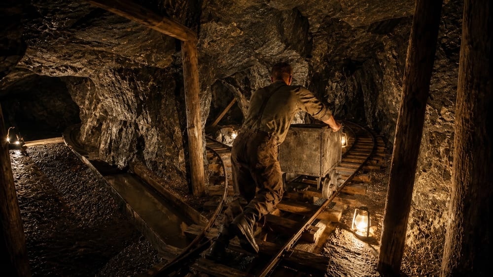 Reconstitution d’une galerie de la mine d’argent du Fournel : un mineur pousse un wagonnet à la lueur des lampes.
